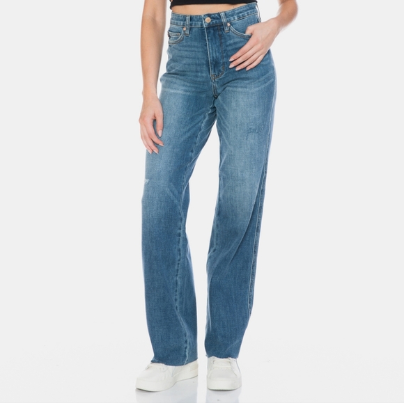 Judy Blue Tummy Control High-Rise Boyfriend Jeans Straight Leg Raw Denim Pants - Picture 15 of 16